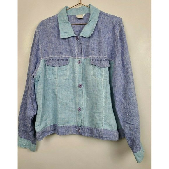 Focus Jackets & Blazers - Focus Womens Blue Purple Linen Button Up Long Sleeve Lightweight Jacket Size XL